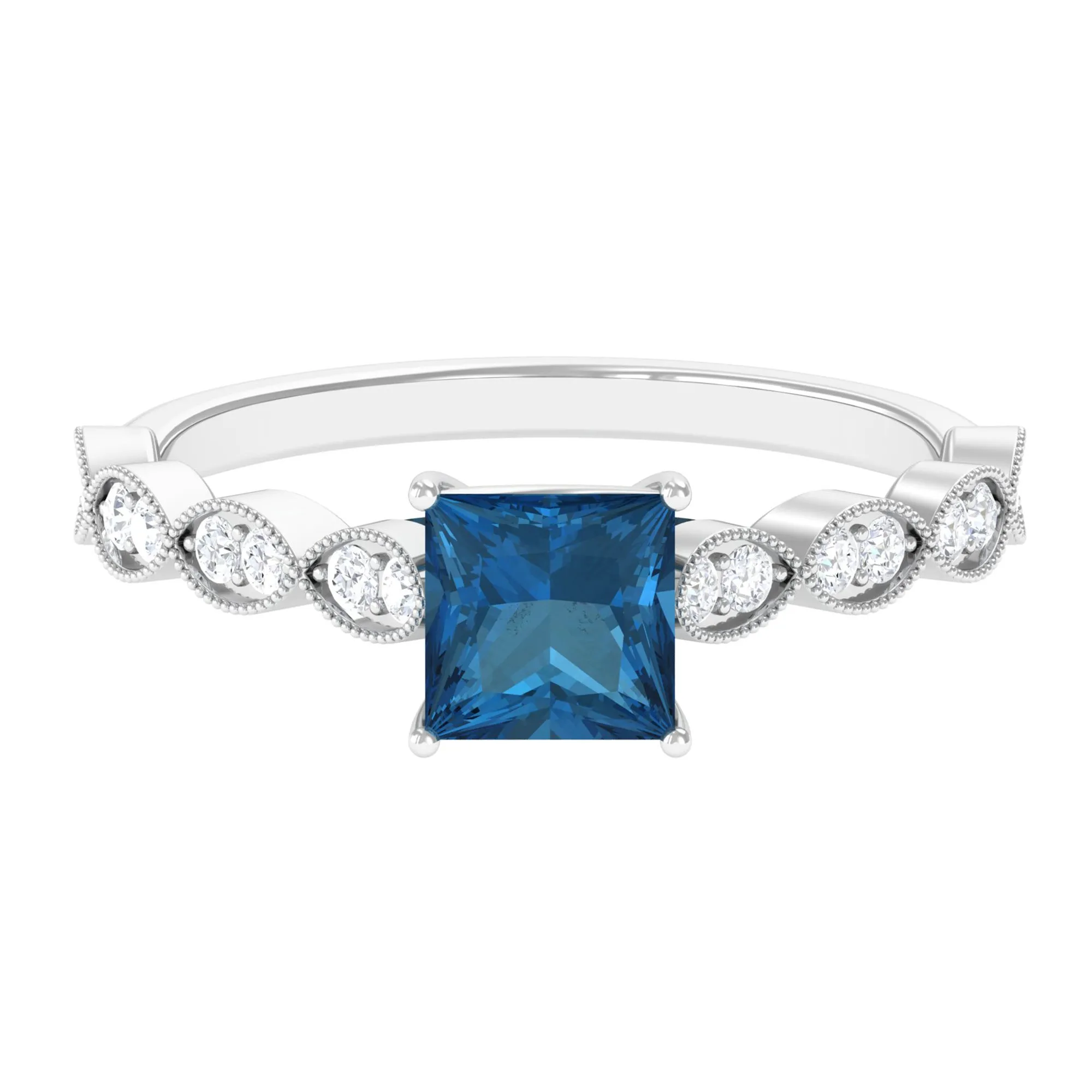 1 CT Princess Cut London Blue Topaz Solitaire Ring with Diamond