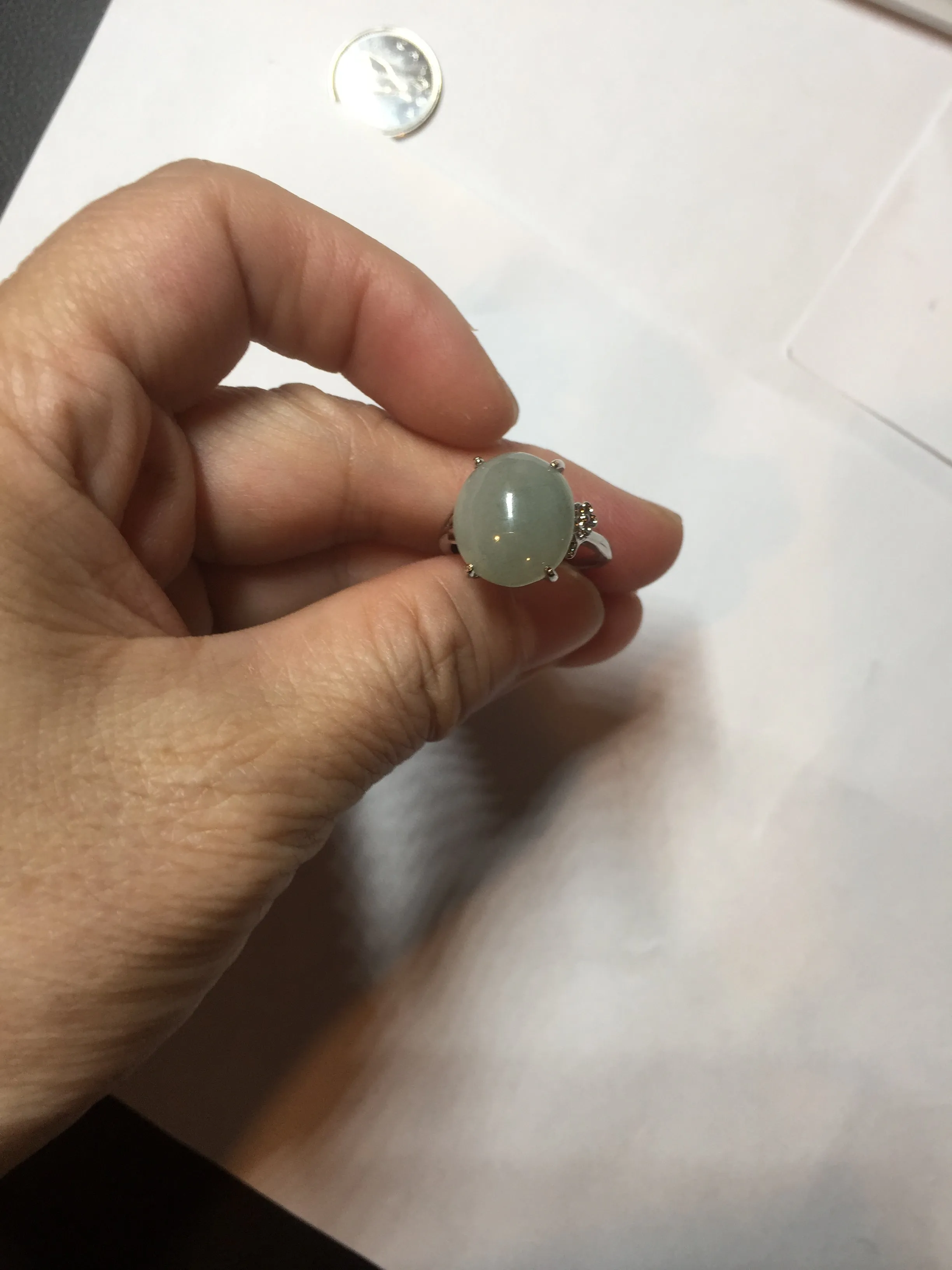 100% natural type A icy watery light green gray four-prong jadeite jade ring BP137