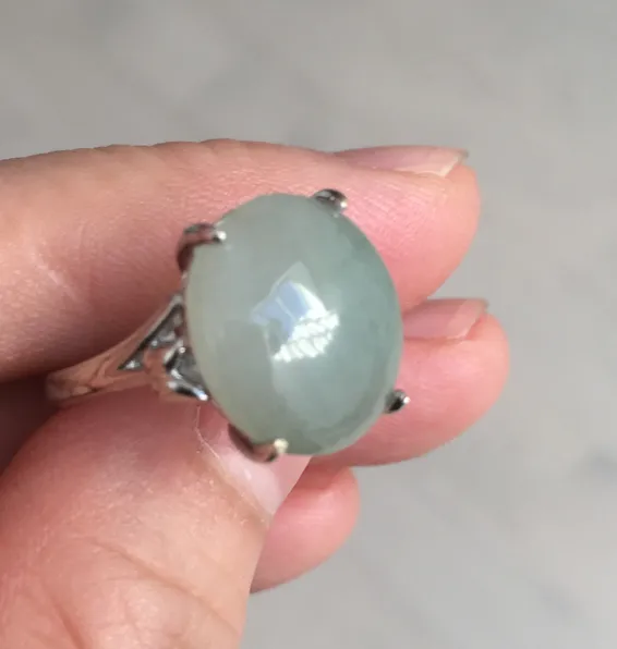 100% natural type A icy watery light green gray four-prong jadeite jade ring BP137