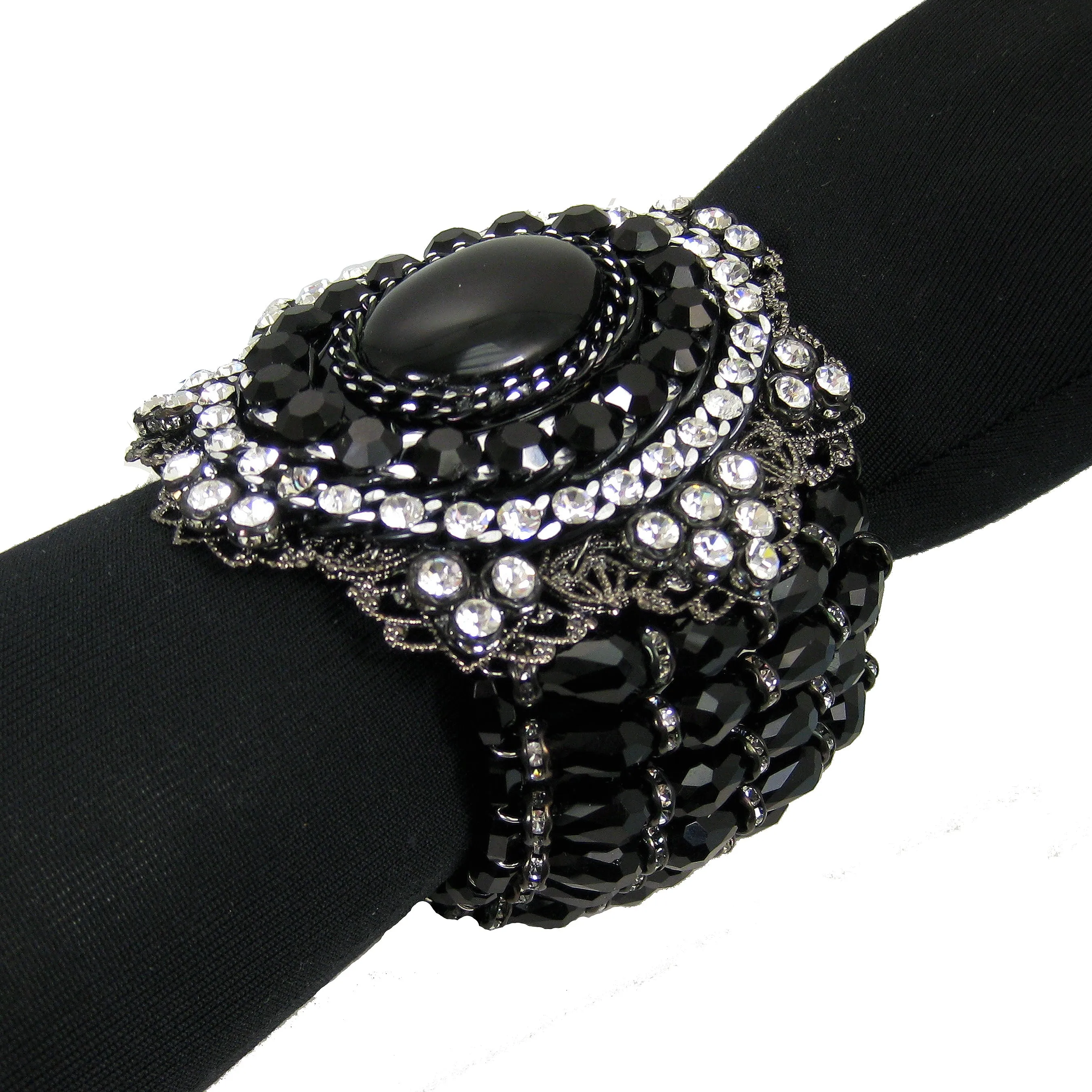 #1052b Jet Glass, Gunmetal Filigree & Rhinestone Cuff Bracelet