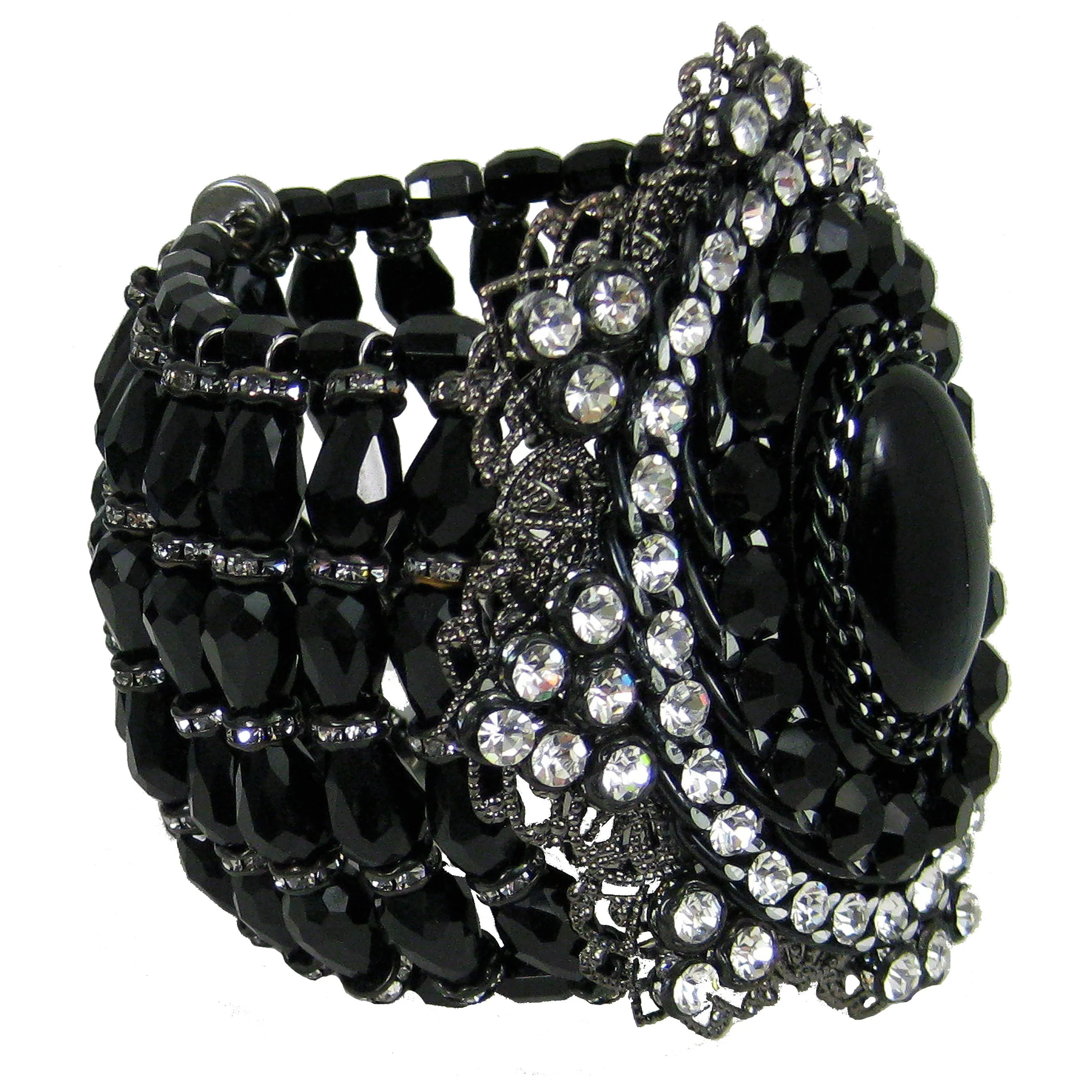 #1052b Jet Glass, Gunmetal Filigree & Rhinestone Cuff Bracelet