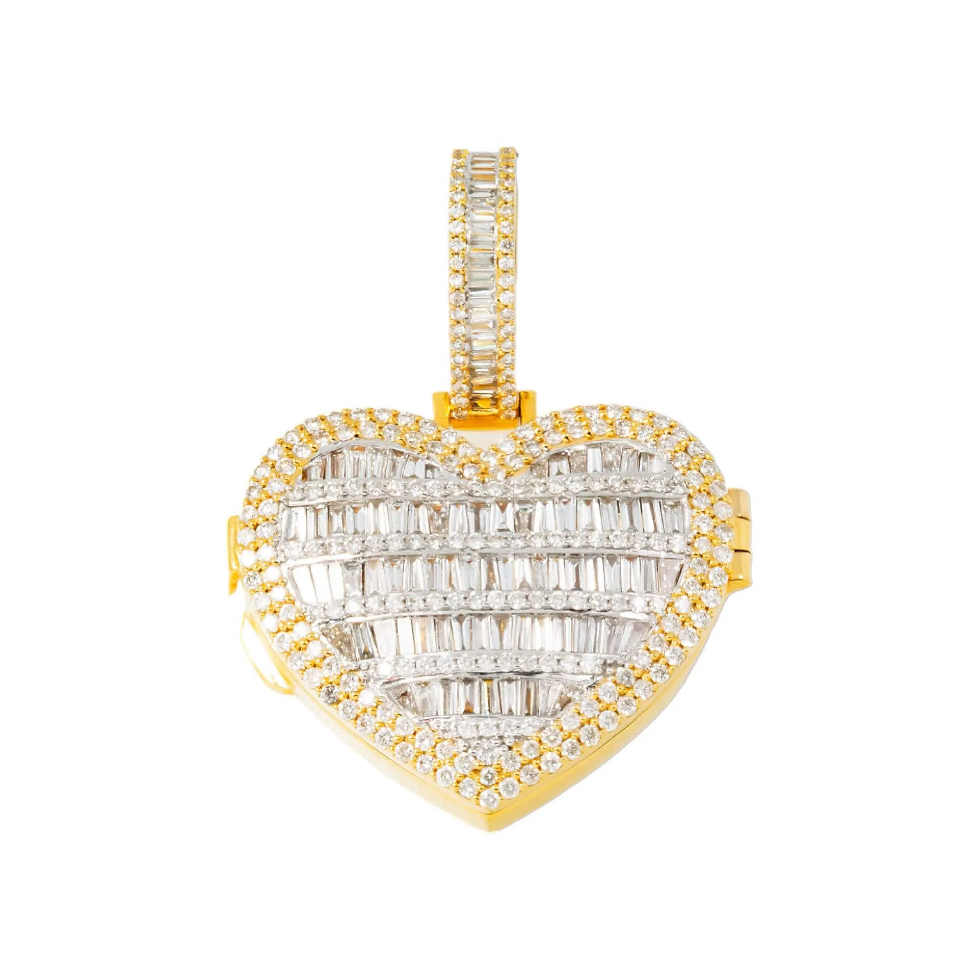 10K GOLD BAGUETTE DIAMOND HEART LOCKET PENDANT 3.28 CT