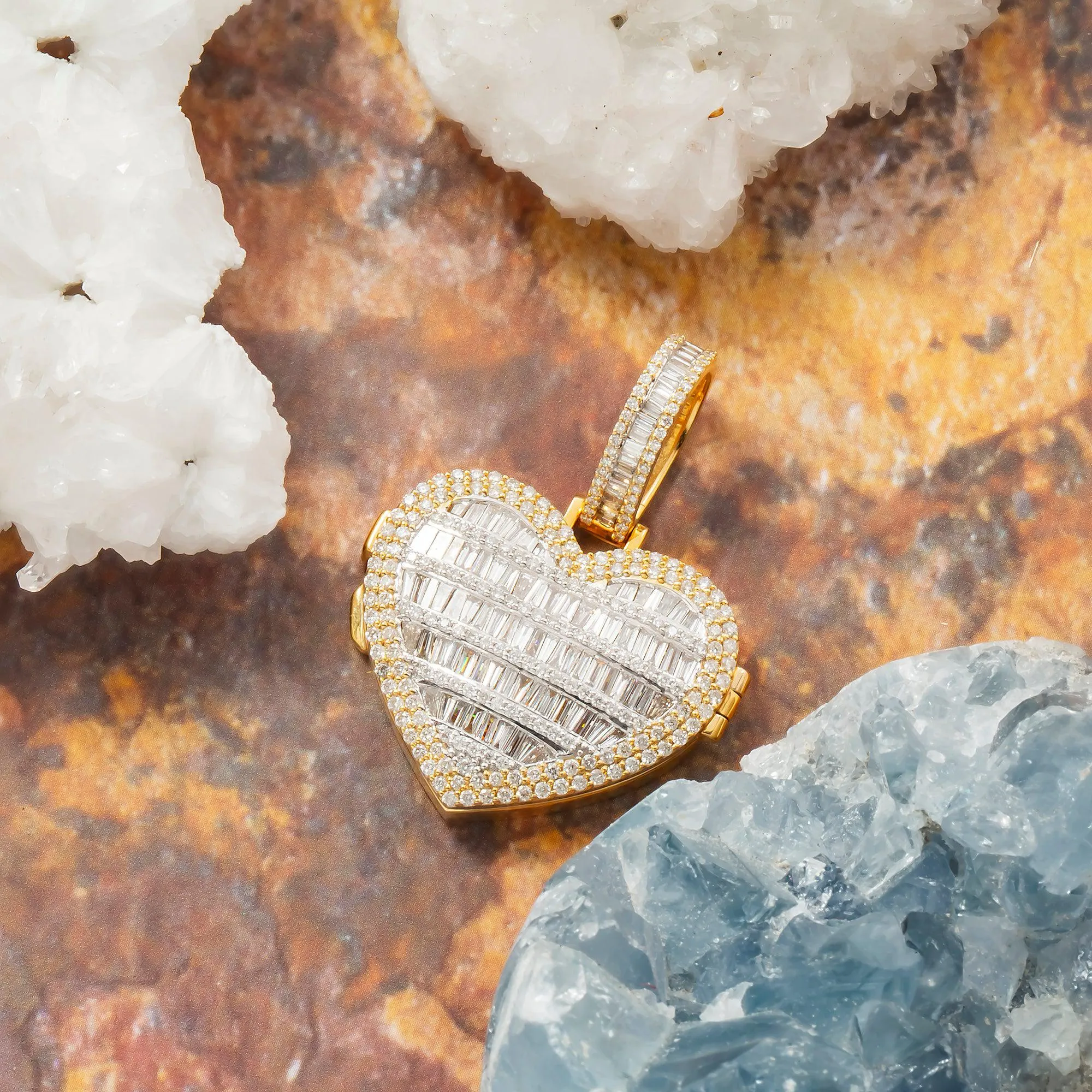 10K GOLD BAGUETTE DIAMOND HEART LOCKET PENDANT 3.28 CT