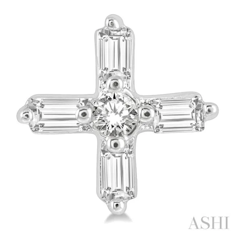 1/10 Ctw Greek Cross Baguette and Round Cut Diamond Petite Earring in 10K White Gold