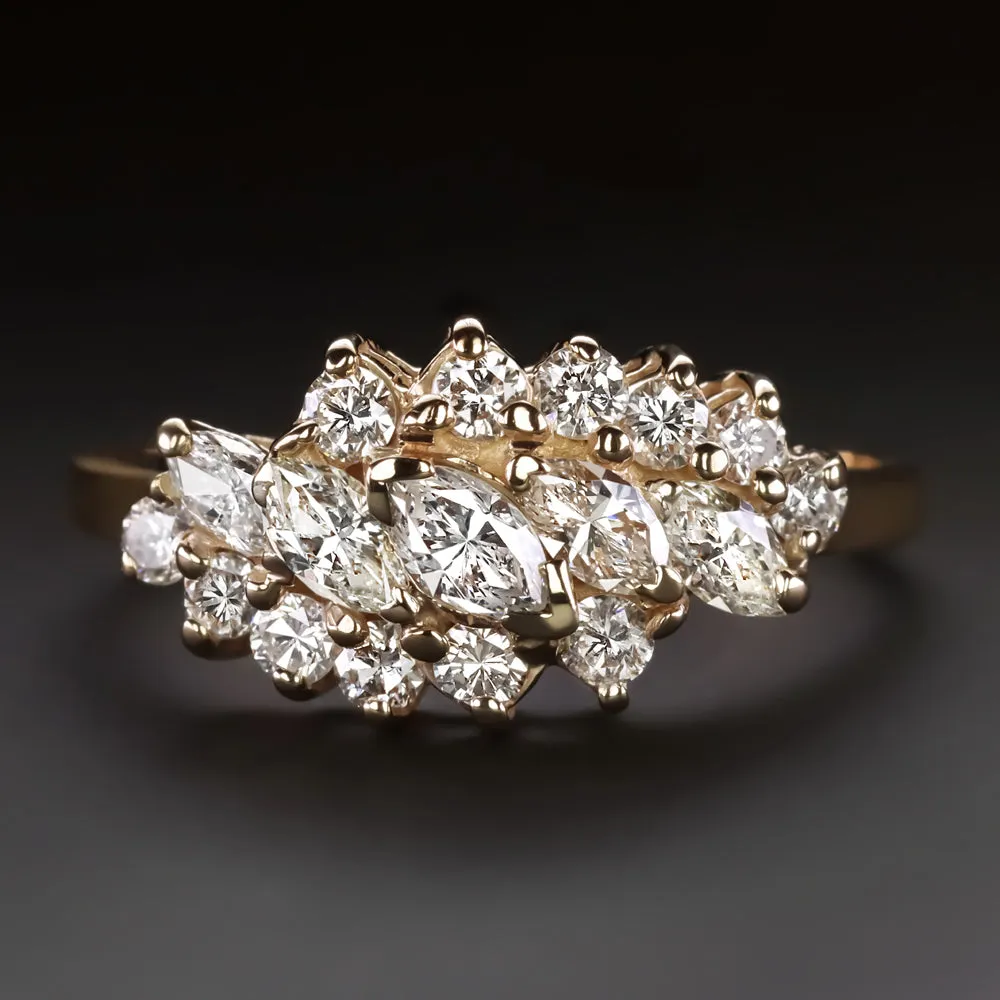 1.11ct NATURAL DIAMOND COCKTAIL RING BYPASS CLUSTER 14k YELLOW GOLD MARQUISE CUT