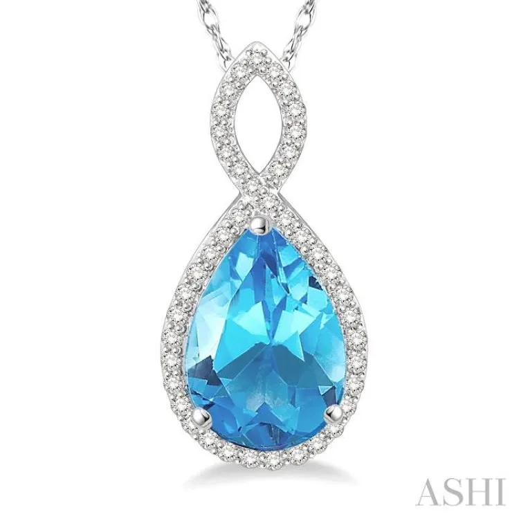 1/4 Ctw Round Cut Diamond and Entwined Pear Cut 12x8mm Blue Topaz Semi Precious Pendant in 10K White Gold with chain