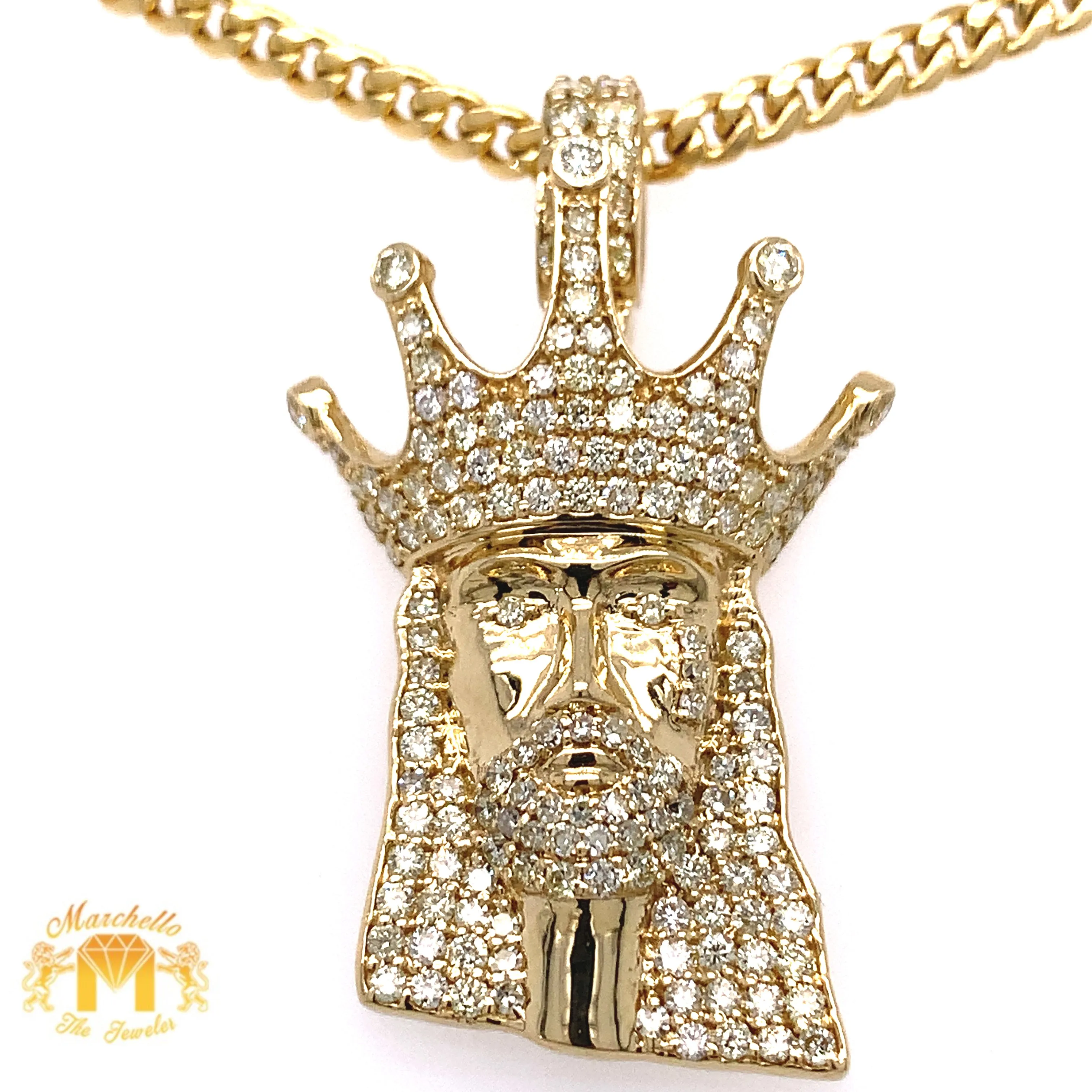 14k Gold Jesus Head with a Crown Diamond Pendant and Gold Chain Set