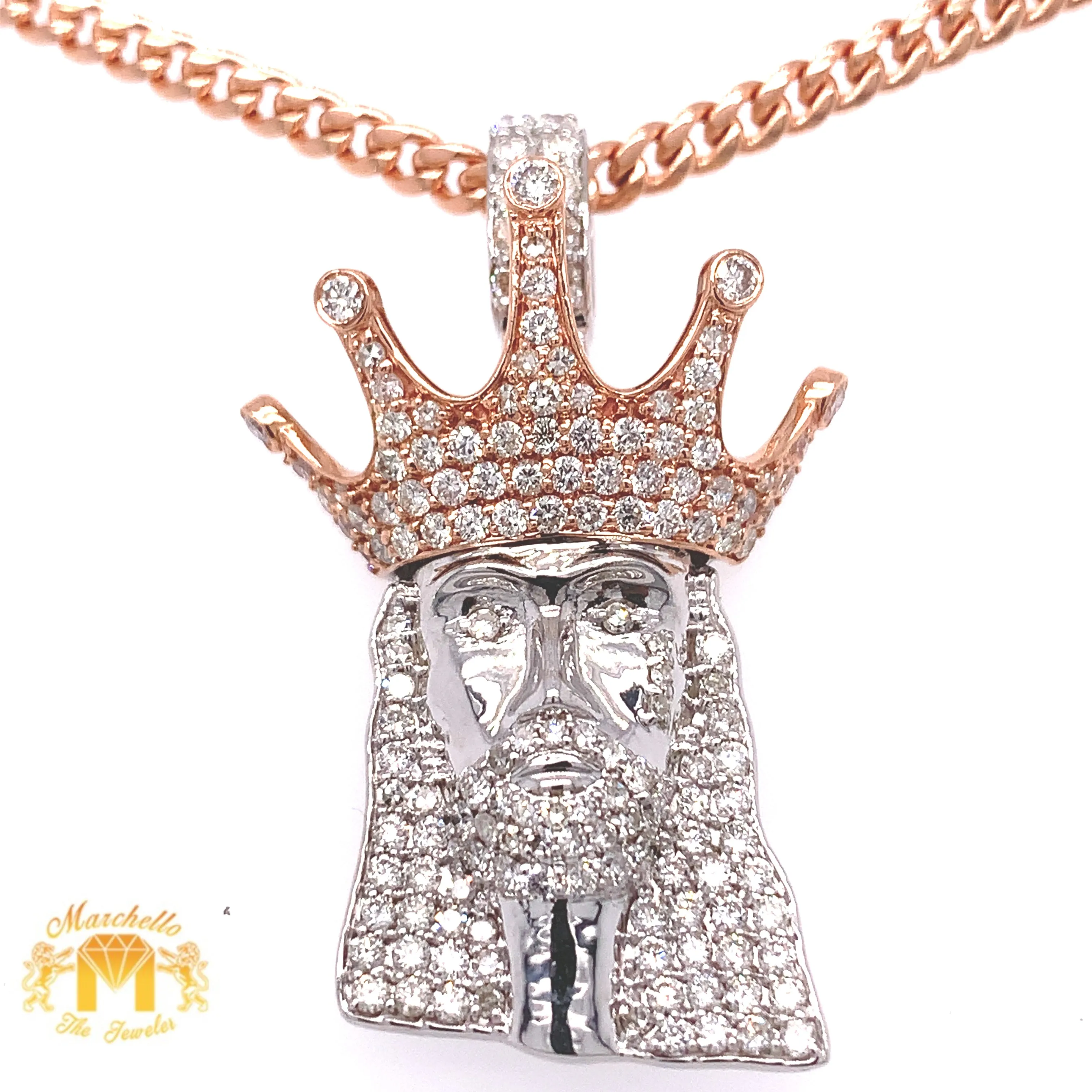 14k Gold Jesus Head with a Crown Diamond Pendant and Gold Chain Set