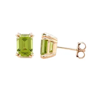 14K Gold Peridot Stud Earrings | Emerald Cut Peridot with Double Prongs | August Birthstone