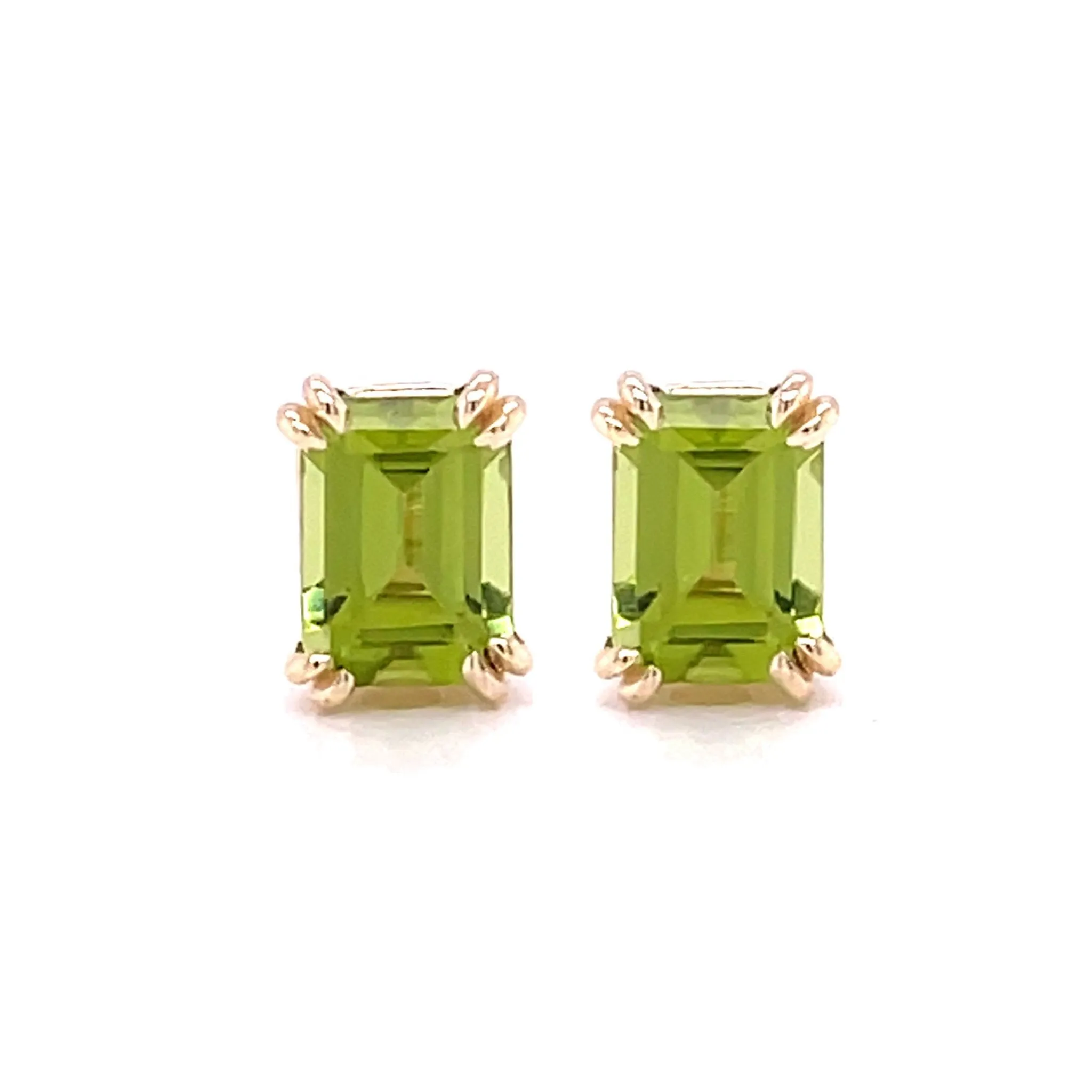 14K Gold Peridot Stud Earrings | Emerald Cut Peridot with Double Prongs | August Birthstone