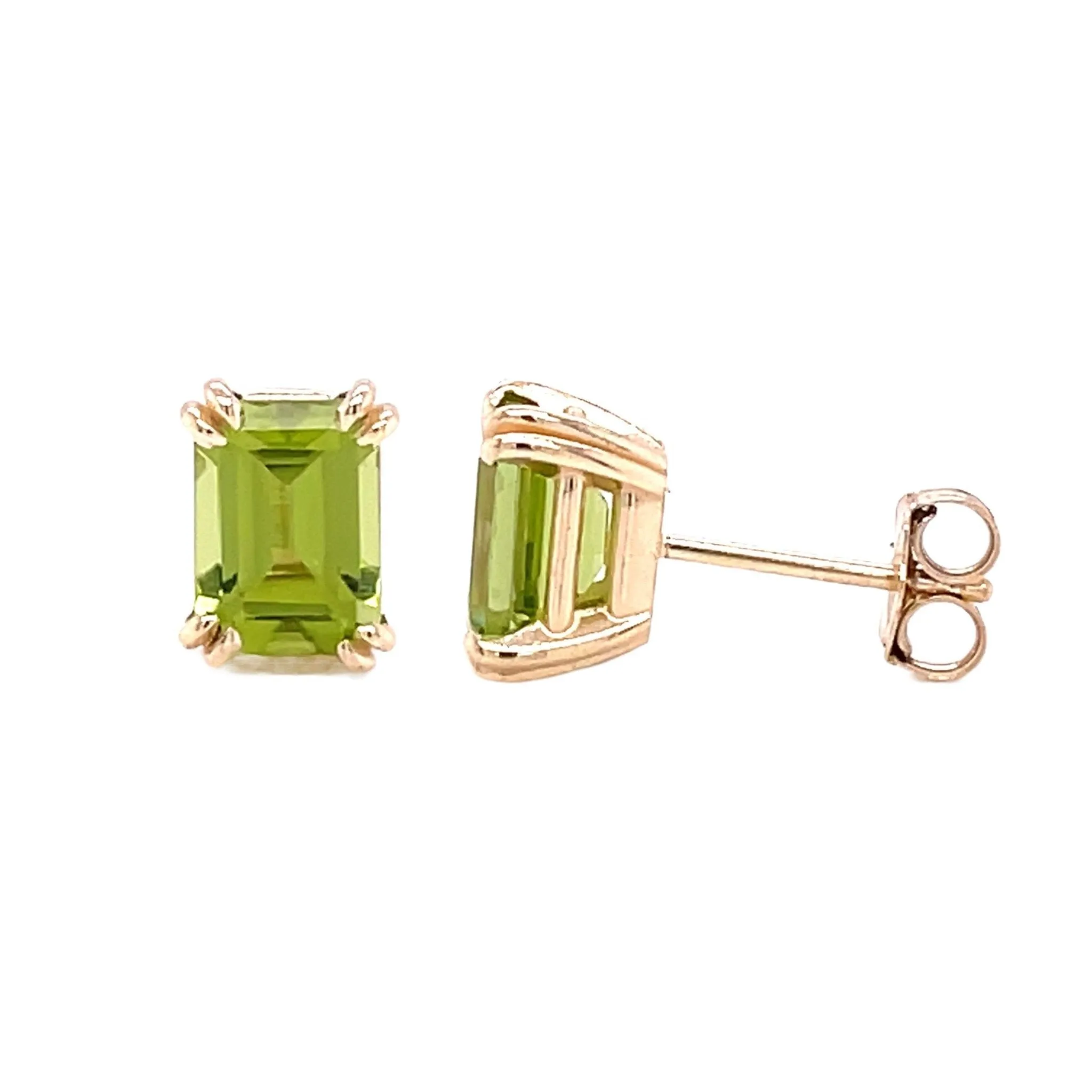 14K Gold Peridot Stud Earrings | Emerald Cut Peridot with Double Prongs | August Birthstone