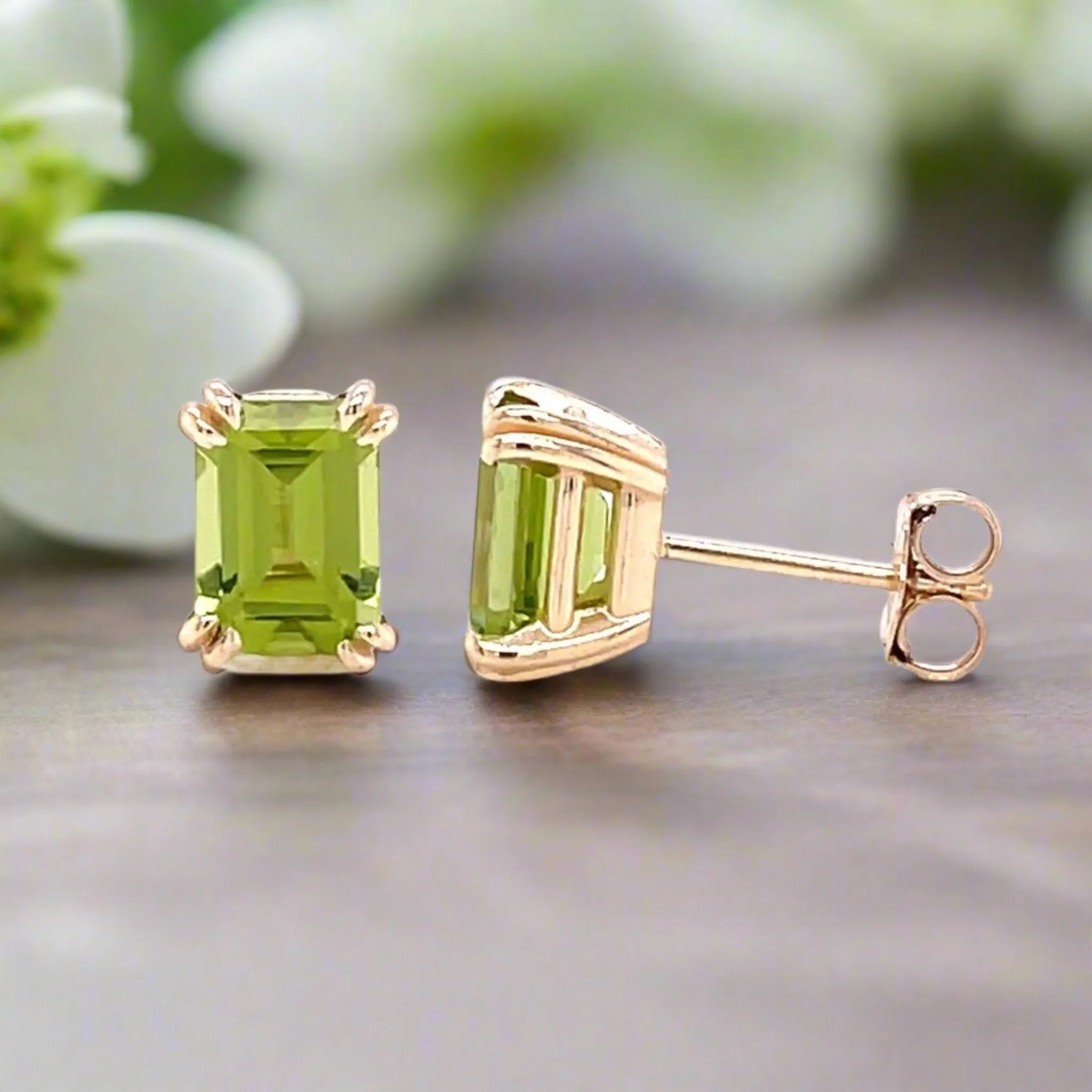 14K Gold Peridot Stud Earrings | Emerald Cut Peridot with Double Prongs | August Birthstone