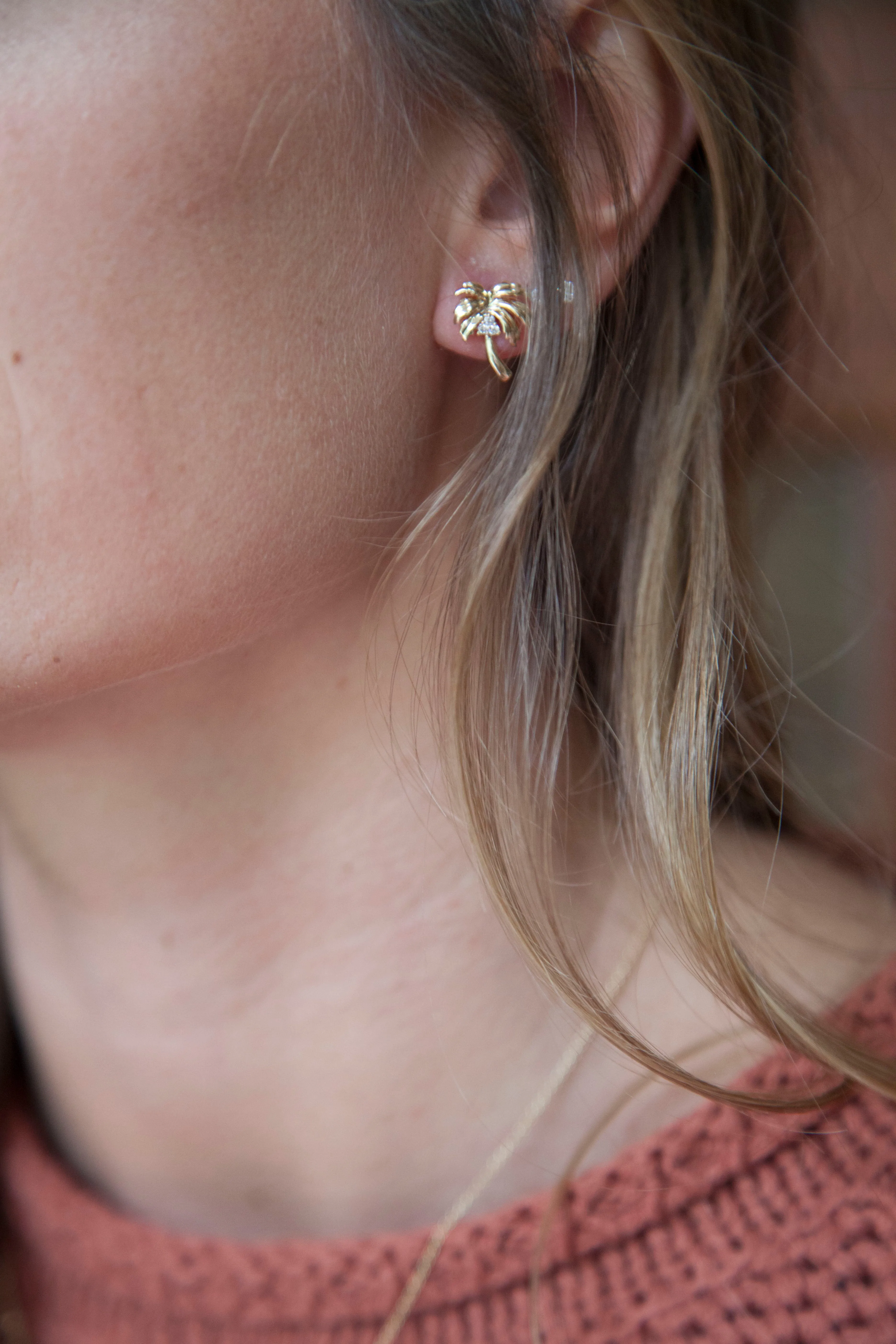 14K Palm Tree and Diamond Studs