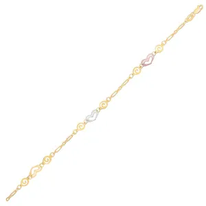 14k Tri-Color Gold Anklet with Multi Color Heart Stations