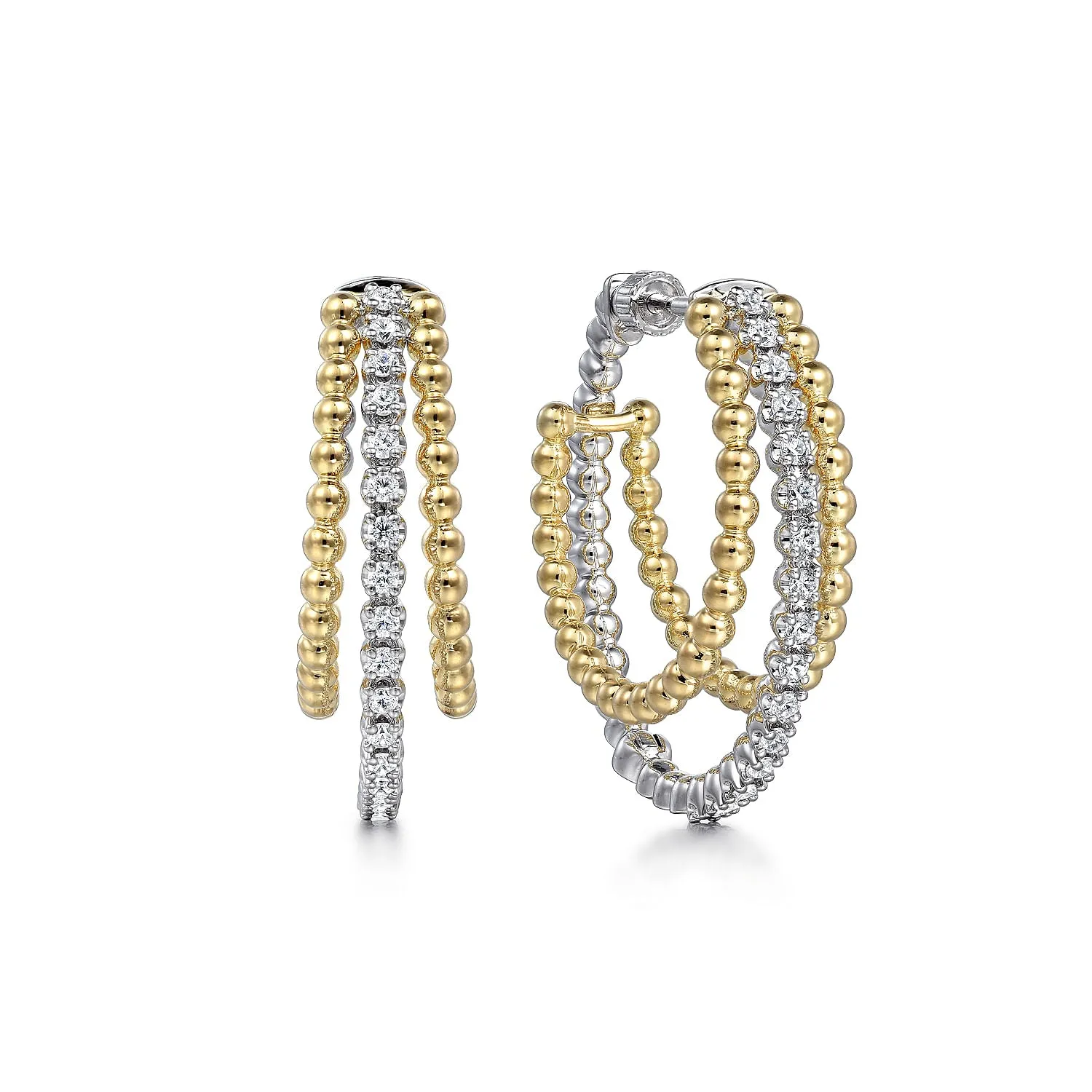 14K White-Yellow Gold Diamond Bujukan Intricate Hoop Earrings