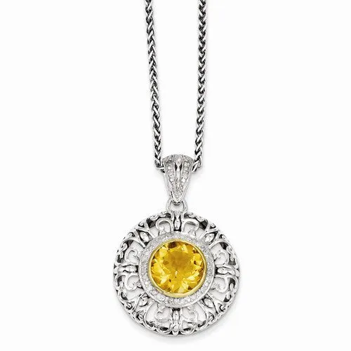 14K Yellow Gold and Silver Citrine & Diamond Necklace