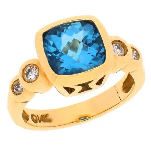 14K Yellow Gold Blue Topaz & Diamond Bezel Set Ring