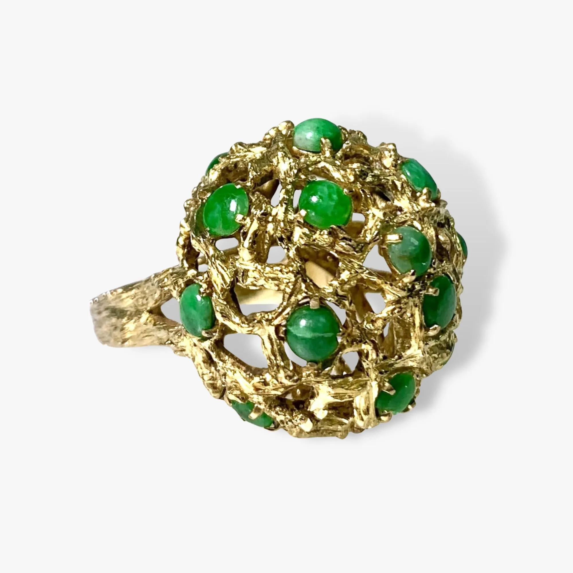 14k Yellow Gold Cabochon Cut Jade Vintage Cocktail Ring