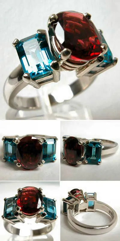 14Kt White Gold 2.70ct Garnet & 2.75ct Blue Topaz Ring High Fashion Bruce Magnotti Cocktail Ring Fine Jewelry Size 6 1/4