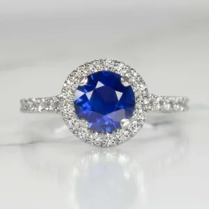 1.5 CARAT SAPPHIRE DIAMOND COCKTAIL RING HALO ROUND CUT PLATINUM ENGAGEMENT BLUE