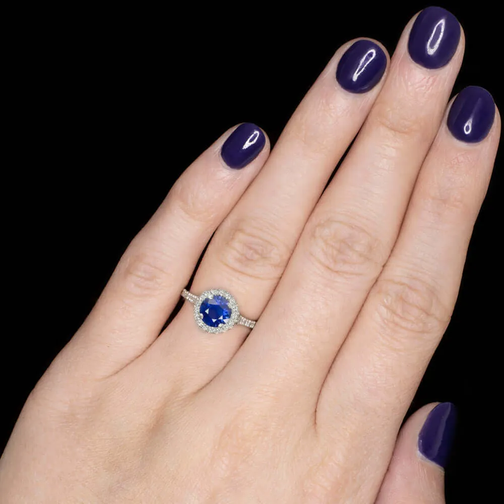 1.5 CARAT SAPPHIRE DIAMOND COCKTAIL RING HALO ROUND CUT PLATINUM ENGAGEMENT BLUE