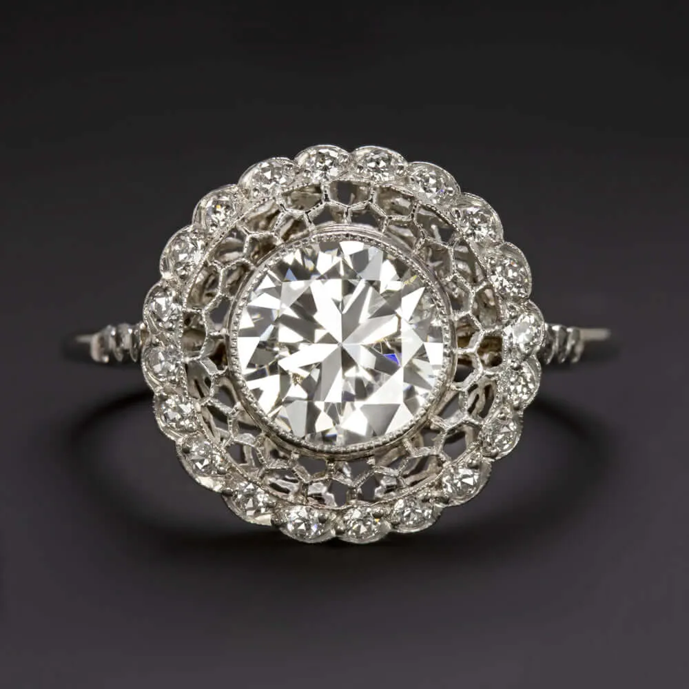 1.78ct F-G SI2 ROUND CUT DIAMOND RING PLATINUM COCKTAIL VINTAGE STYLE HALO