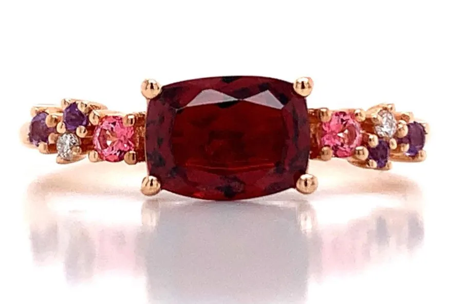 18ct Rose Gold Earth Grown Rhodolite Garnet, Diamond, Amethyst and Pink Topaz Ring