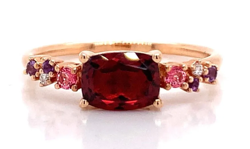 18ct Rose Gold Earth Grown Rhodolite Garnet, Diamond, Amethyst and Pink Topaz Ring