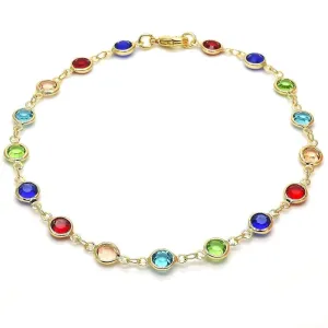 18K Gold Filled High Polish Finsh Gold and Multi Color Crystal Round Anklet 10