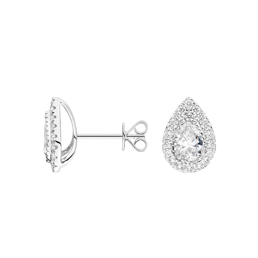 18k White Gold Pear Cut Natural Diamond Halo Stud Earrings