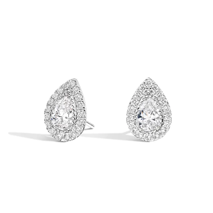 18k White Gold Pear Cut Natural Diamond Halo Stud Earrings