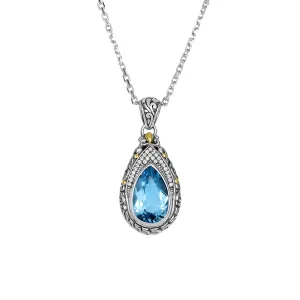 18Kt Yellow Gold Silver with Oxidized Finish Shiny 34X16mm White Sapphire Blue Topaz Teardrop Byzantine Pendant On Silver 18 inches 1.9mm Cable Chain Lobste