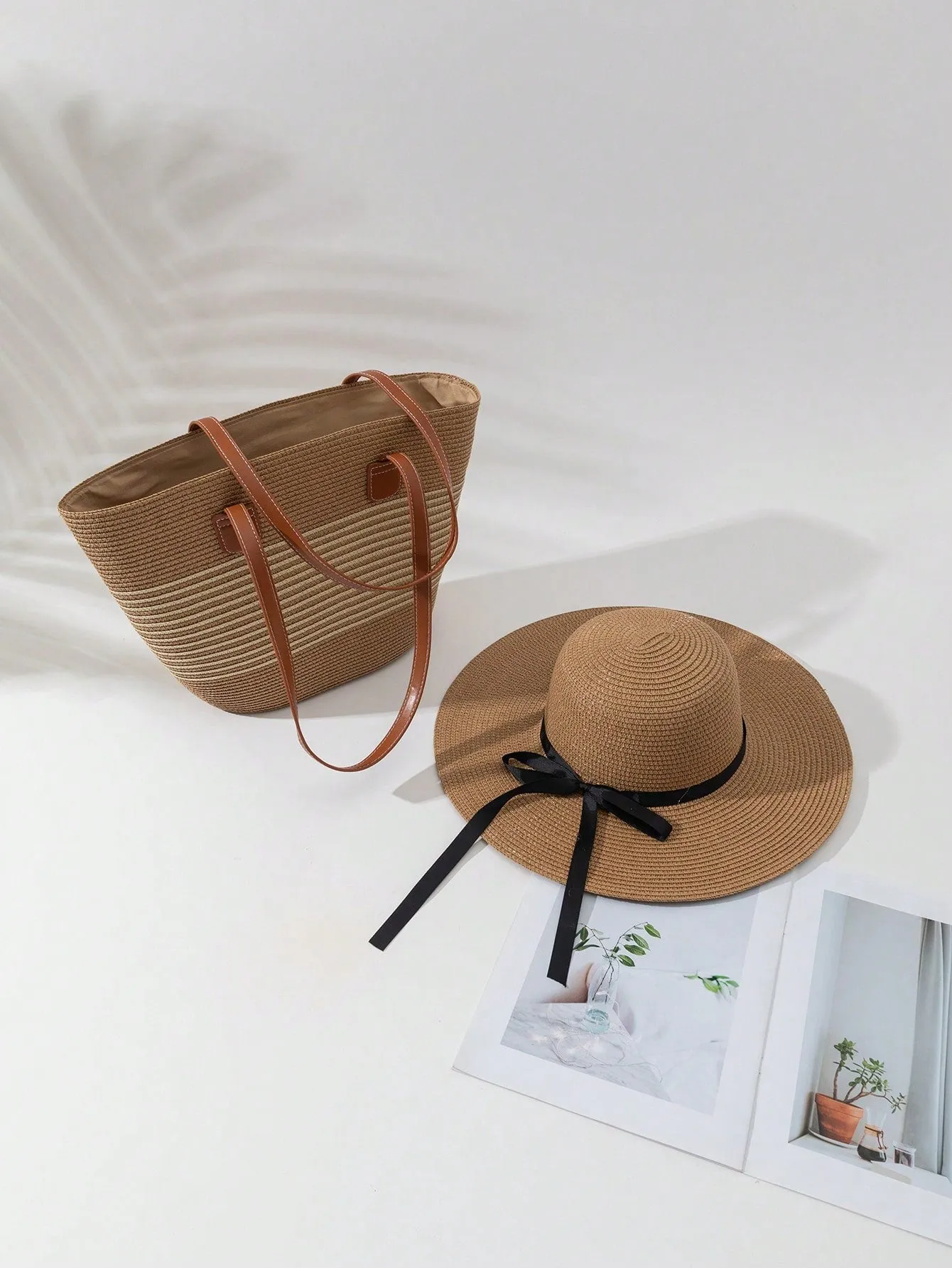 1pc Women Sun Hat With Wide Brim   1pc Women Fashionable Woven Handbag