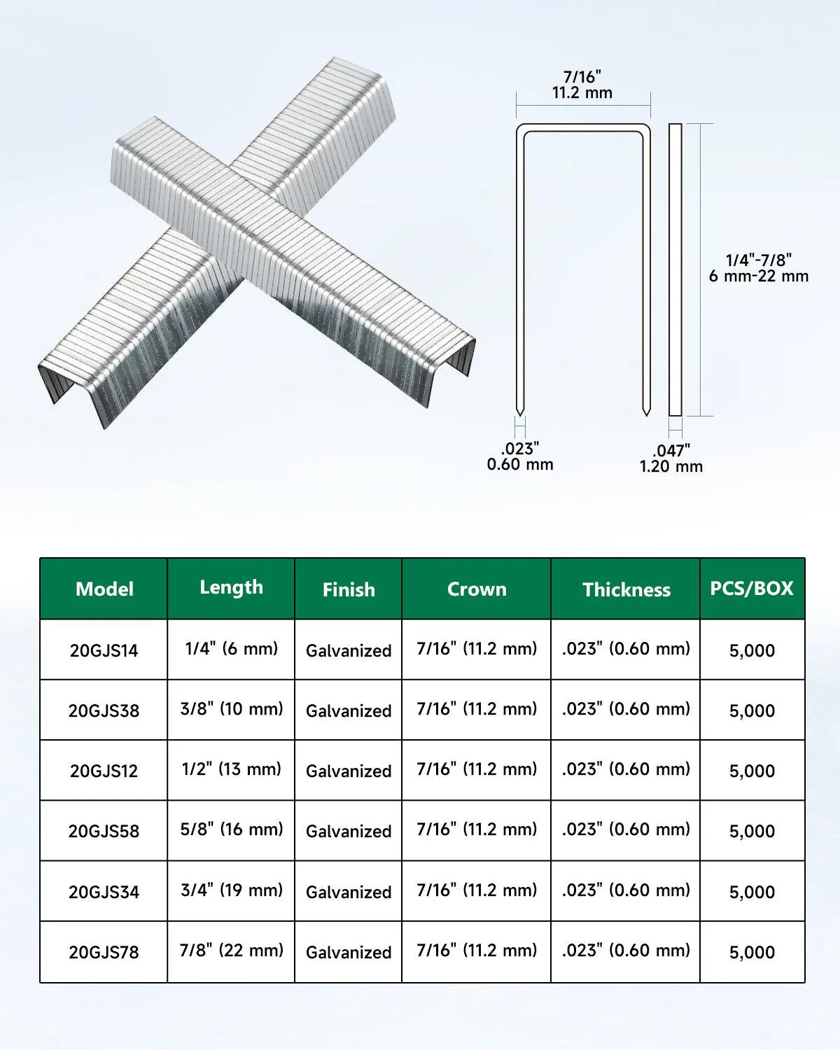 20 Gauge 10J Series 7/16" Crown 1/4" to 7/8" Length Galvanized Fine Wire Staples