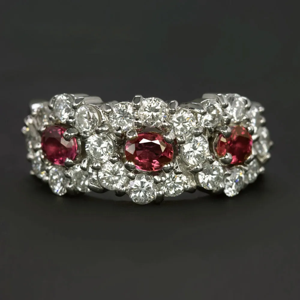 2.16ct RUBY DIAMOND COCKTAIL RING PLATINUM 11 GRAM 3 STONE HALO NATURAL OVAL