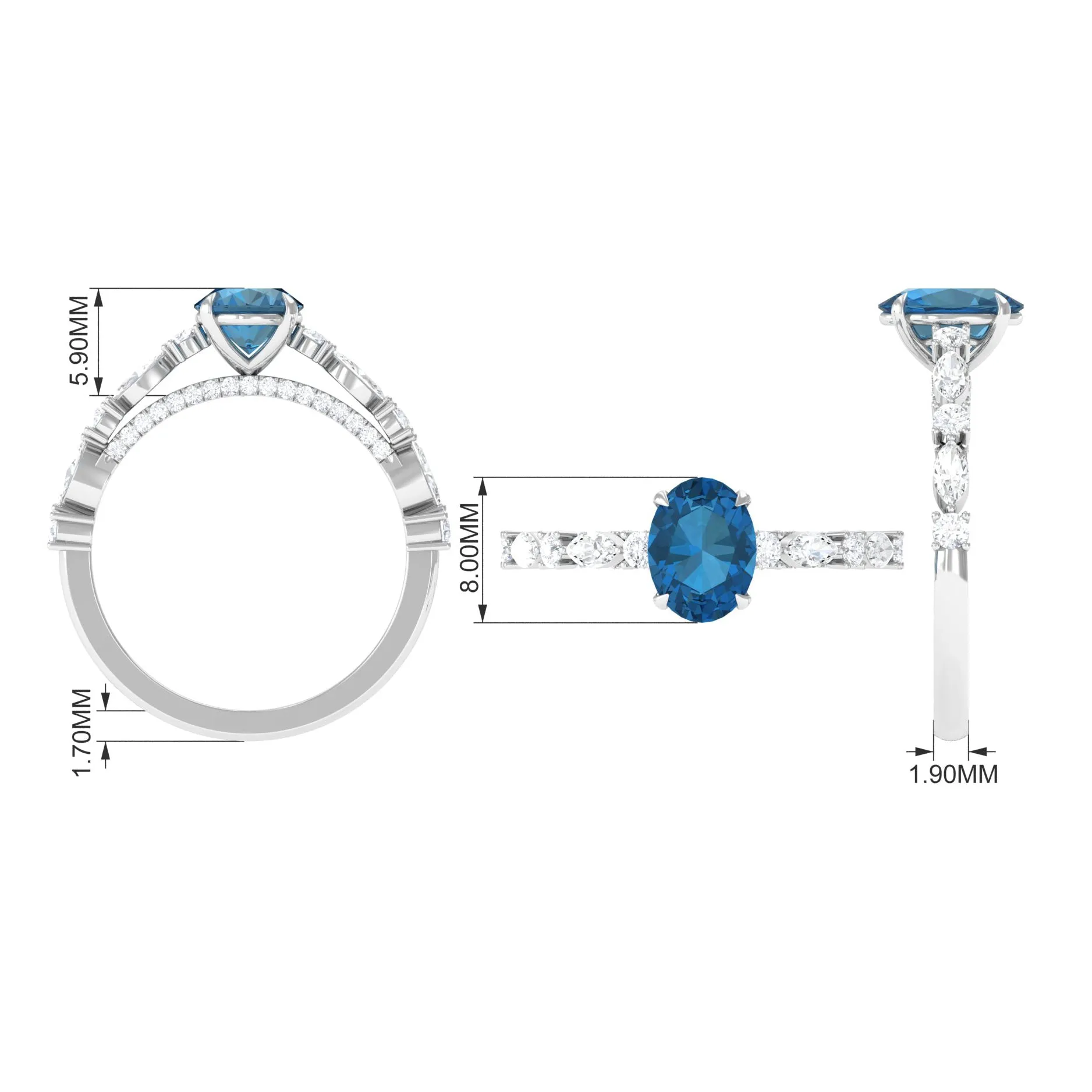 2.25 CT Solitaire Accent Ring with Created London Blue Topaz and Diamond