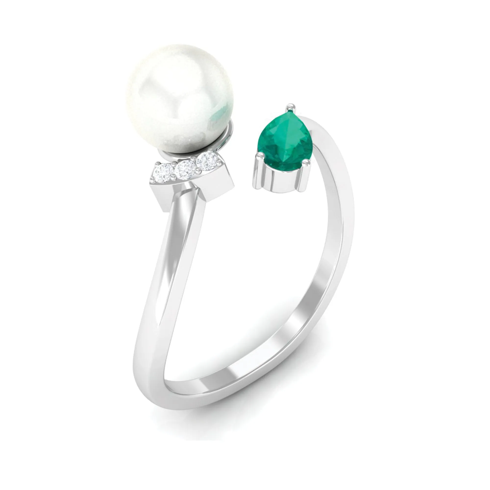 2.5 CT Freshwater Pearl Minimal Wrap Ring with Emerald and Moissanite