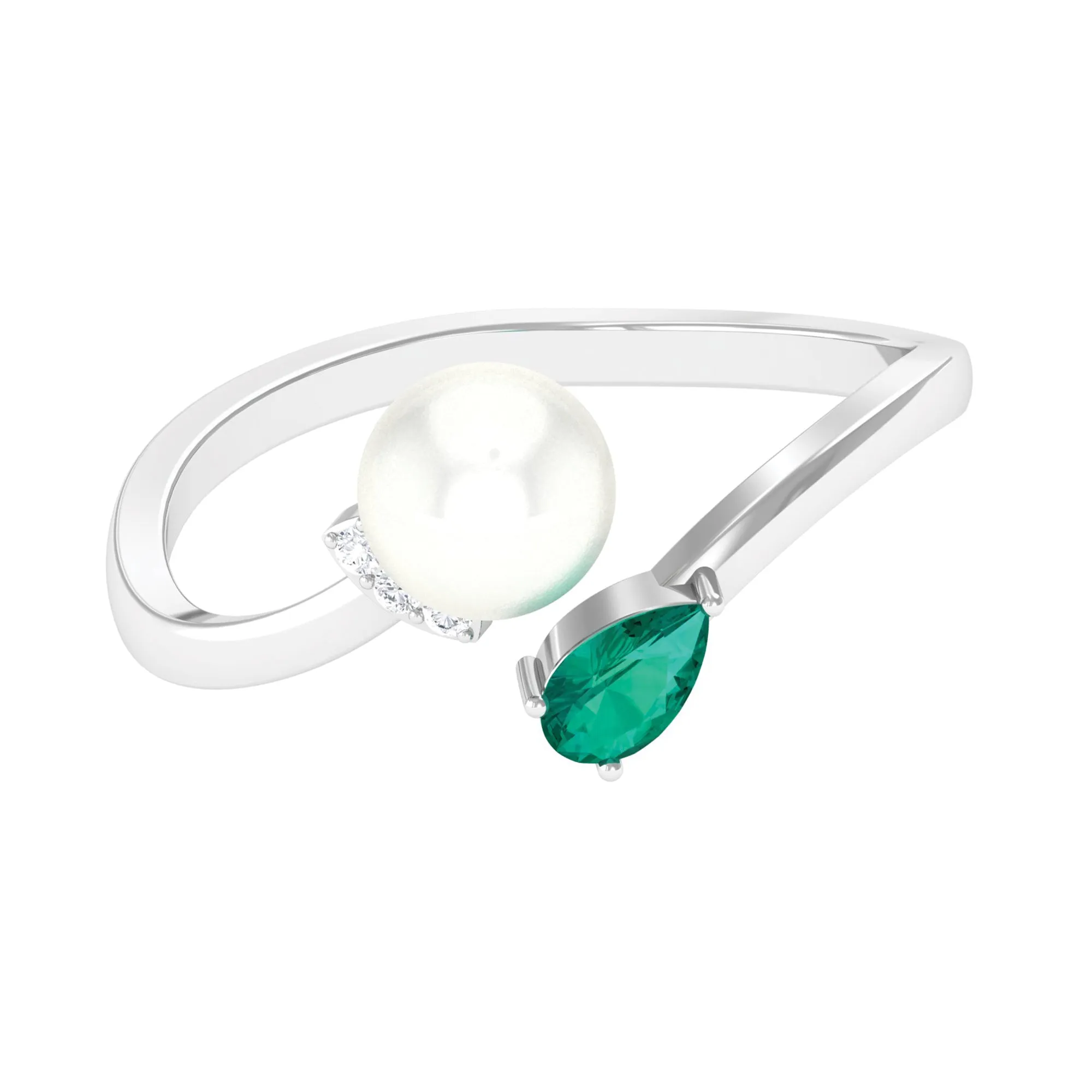 2.5 CT Freshwater Pearl Minimal Wrap Ring with Emerald and Moissanite