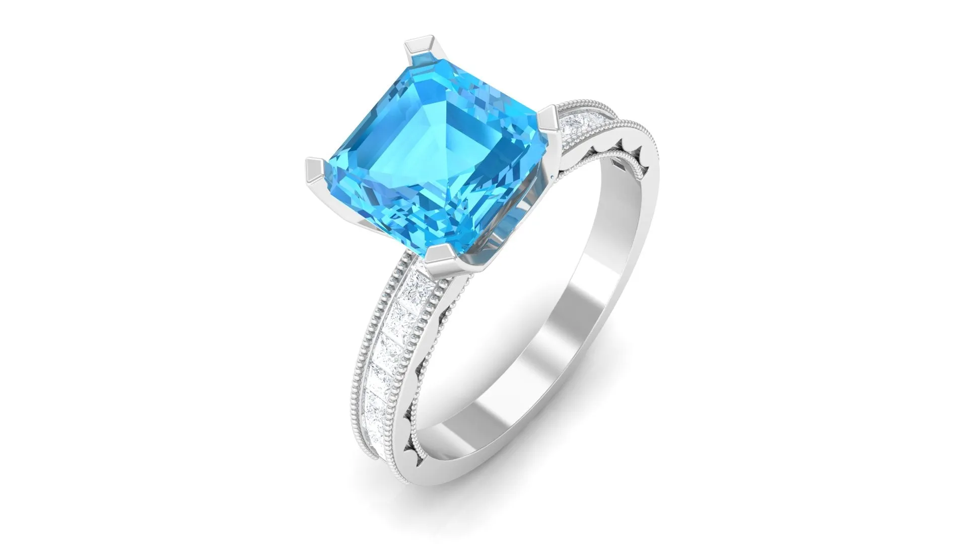 2.75 CT Milgrain Swiss Blue Topaz Engagement Ring with Diamond Side Stones