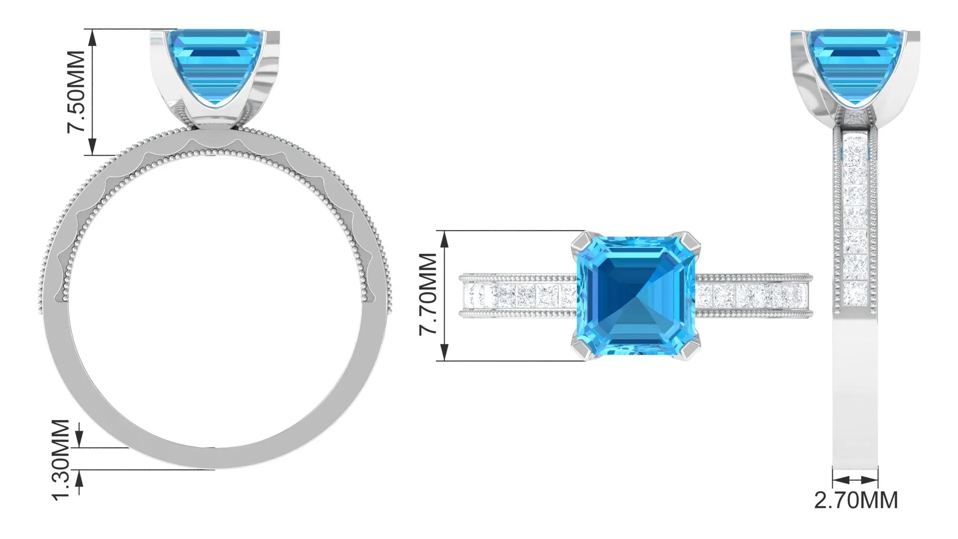 2.75 CT Milgrain Swiss Blue Topaz Engagement Ring with Diamond Side Stones