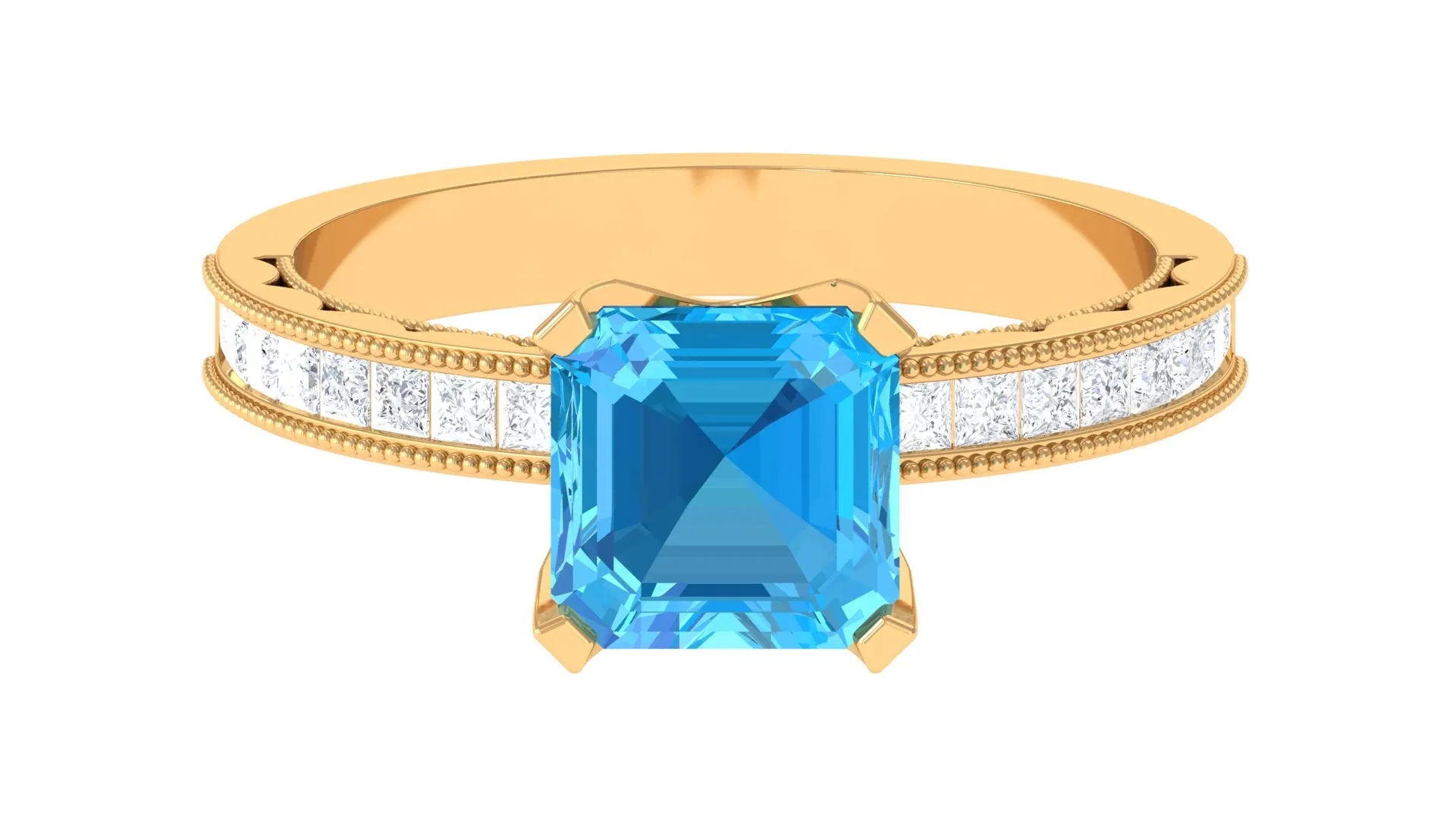 2.75 CT Milgrain Swiss Blue Topaz Engagement Ring with Diamond Side Stones