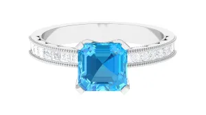 2.75 CT Milgrain Swiss Blue Topaz Engagement Ring with Diamond Side Stones