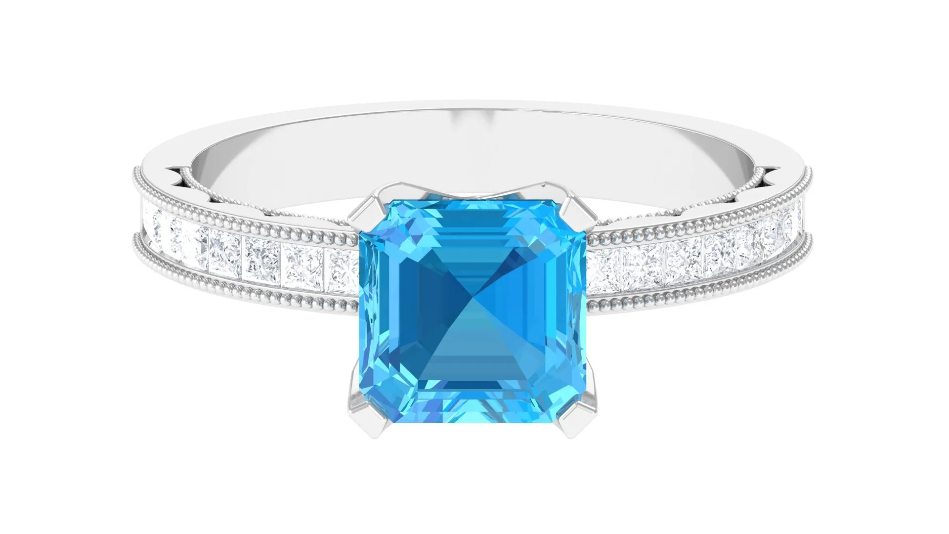 2.75 CT Milgrain Swiss Blue Topaz Engagement Ring with Diamond Side Stones