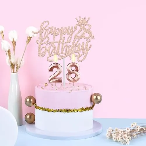 28th Birthday Decorations for Women Including 28th Birthday Sash and Tiara for Women, 28th Birthday Candles and Cake Topper, Rose Gold 28th Birthday Gifts for Women Birthday Decorations Favor Supplies