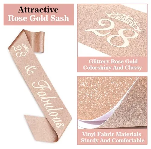 28th Birthday Decorations for Women Including 28th Birthday Sash and Tiara for Women, 28th Birthday Candles and Cake Topper, Rose Gold 28th Birthday Gifts for Women Birthday Decorations Favor Supplies