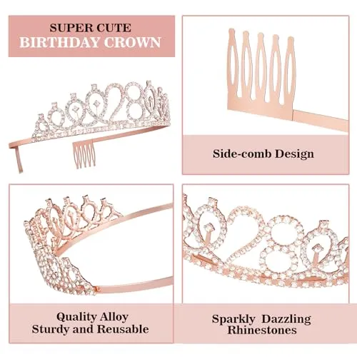 28th Birthday Decorations for Women Including 28th Birthday Sash and Tiara for Women, 28th Birthday Candles and Cake Topper, Rose Gold 28th Birthday Gifts for Women Birthday Decorations Favor Supplies