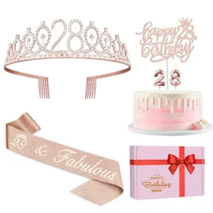 28th Birthday Decorations for Women Including 28th Birthday Sash and Tiara for Women, 28th Birthday Candles and Cake Topper, Rose Gold 28th Birthday Gifts for Women Birthday Decorations Favor Supplies