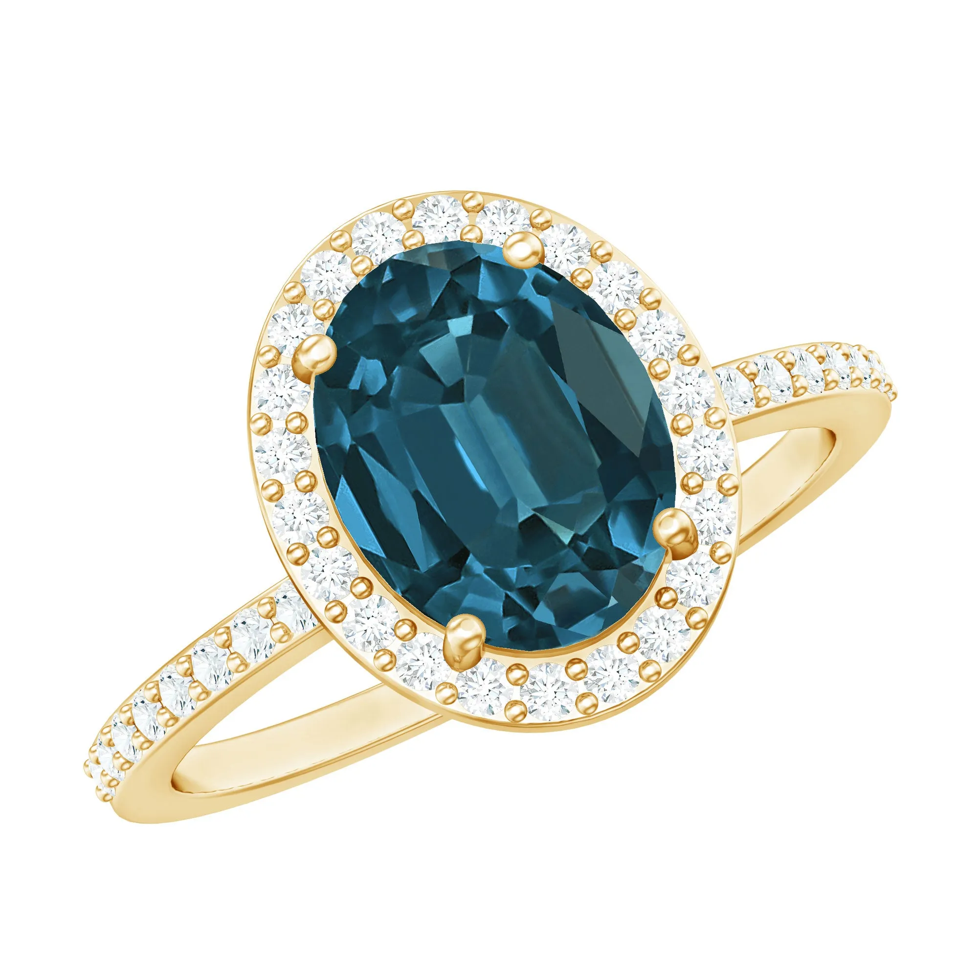 3 CT Classic Oval Cut London Blue Topaz and Diamond Halo Ring