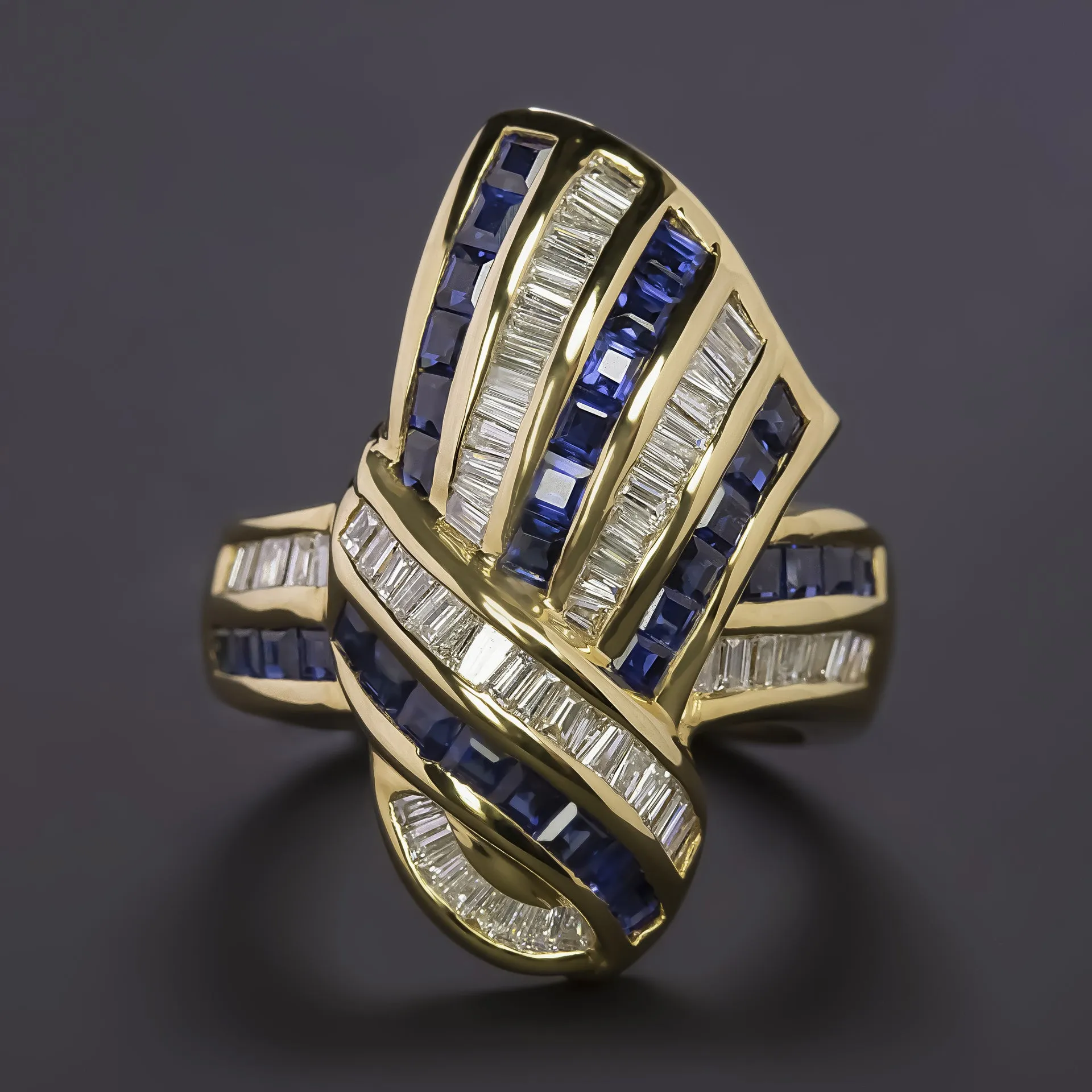 3.46ct SAPPHIRE DIAMOND COCKTAIL RING 13gm 18k YELLOW GOLD NATURAL KNOT RIBBON