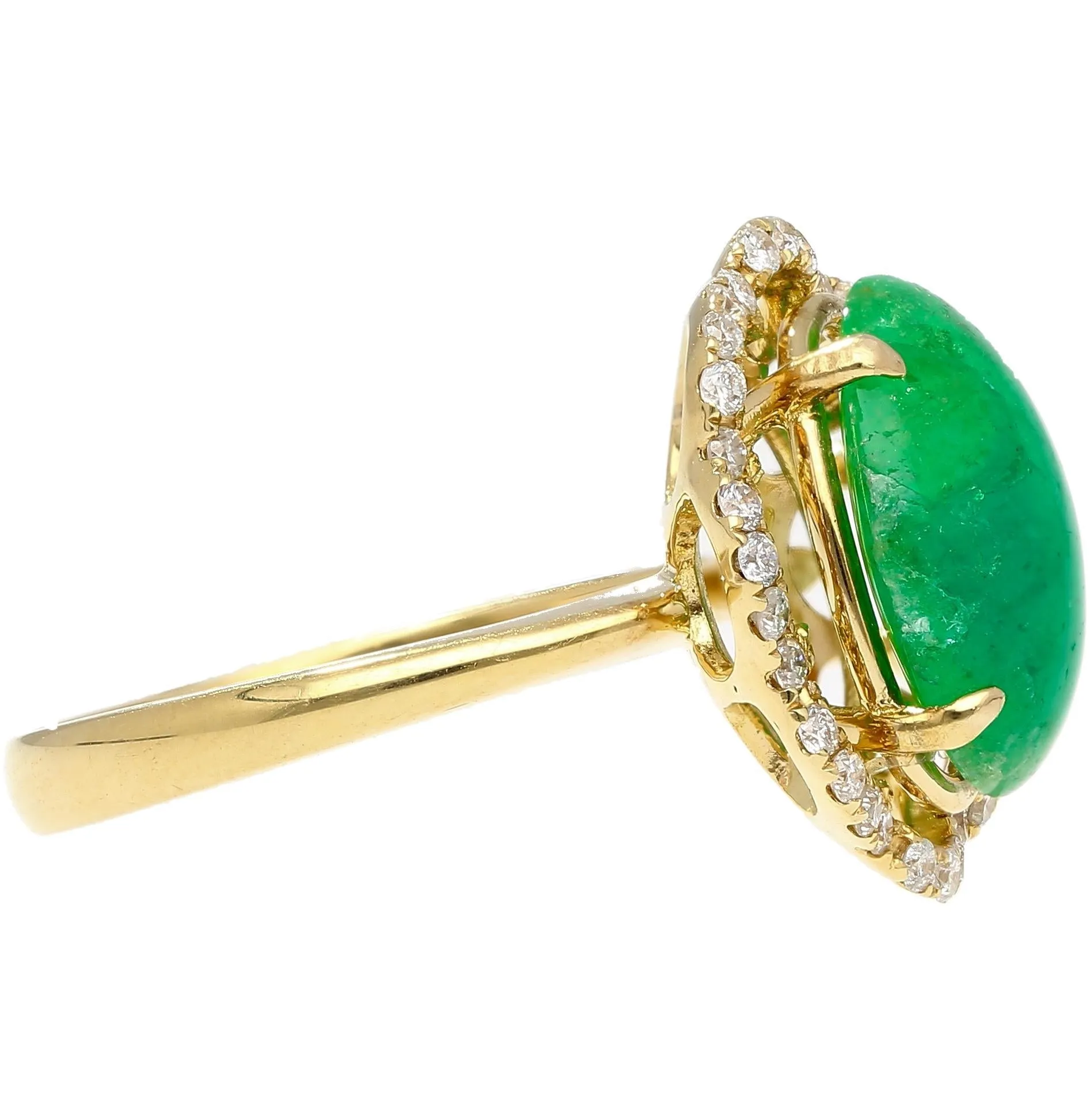 3.6 Carat Cabochon Emerald and Diamond Flower Halo 18K Gold Ring